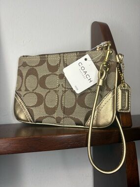 Coach Signature Canvas Khaki Gold Zip Wristlet NWT